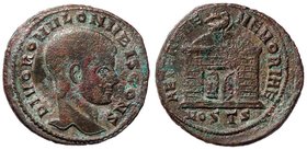 ROMANE IMPERIALI - Romolo (309) - Follis (Ostia) - Testa a d. /R Tempio a cupola tonda con le porte semiaperte, sopra un'aquila C. 4; RIC 34 (MI g. 7,...