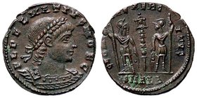 ROMANE IMPERIALI - Delmazio (335-337) - AE 4 (Alessandria) - Busto diademato e drappeggiato a d. /R Due soldati affrontati con una lancia ciascuno; tr...