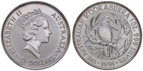 ESTERE - AUSTRALIA - Elisabetta II (1952) - 5 Dollari 1991 - Kookaburra Kr. 138 AG In astuccio
FS