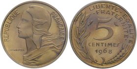 ESTERE - FRANCIA - Quinta Repubblica (1959) - 5 Centesimi 1968 PIEDFORT Kr. P389 RRR BA In confezione
FDC