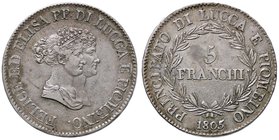ZECCHE ITALIANE - LUCCA - Elisa Bonaparte e Felice Baciocchi (1805-1814) - 5 Franchi 1805 Mont. 431 e seg. R AG Busti piccoli
BB+