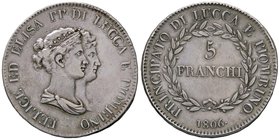 ZECCHE ITALIANE - LUCCA - Elisa Bonaparte e Felice Baciocchi (1805-1814) - 5 Franchi 1806 Pag. 252; Mont. 436 RR AG Colpetti
BB+