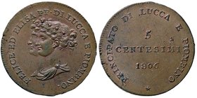 ZECCHE ITALIANE - LUCCA - Elisa Bonaparte e Felice Baciocchi (1805-1814) - 5 Centesimi 1806 Pag. 259; Mont. 444 R CU Riflessi rossi
bello SPL