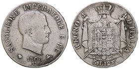 ZECCHE ITALIANE - MILANO - Napoleone I, Re d'Italia (1805-1814) - 5 Lire 1808 Pag. 26; Mont. 218 AG Puntali aguzzi e contorno in rilievo Tracce di pul...