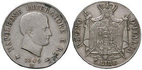 ZECCHE ITALIANE - MILANO - Napoleone I, Re d'Italia (1805-1814) - 5 Lire 1809 Pag. 27; Mont. 220 AG Contorno in rilievo
BB/BB+