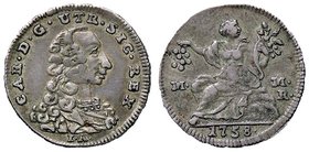 ZECCHE ITALIANE - NAPOLI - Carlo di Borbone (1734-1759) - Mezzo carlino 1758 P.R. 47; Mont. 85 AG
BB+