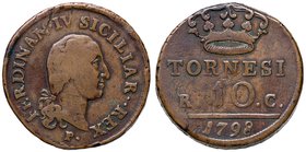 ZECCHE ITALIANE - NAPOLI - Ferdinando IV di Borbone (primo periodo, 1759-1799) - 10 Tornesi 1798 Gig. 113b R CU SICILIAR . .
BB