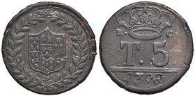 ZECCHE ITALIANE - NAPOLI - Ferdinando IV di Borbone (primo periodo, 1759-1799) - 5 Tornesi 1798 P.R. 100; Mont. 267 CU P sotto la ghirlanda al D/
BB+