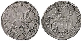 SAVOIA - Carlo II il Buono (1504-1553) - Cornuto debole - Stemma a targa intagliata con elmo di fianco; cimiero e lambrecchini /R Il Santo con vessill...