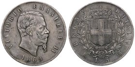 SAVOIA - Vittorio Emanuele II Re d'Italia (1861-1878) - 5 Lire 1869 M Pag. 489; Mont. 171 AG
BB/BB+