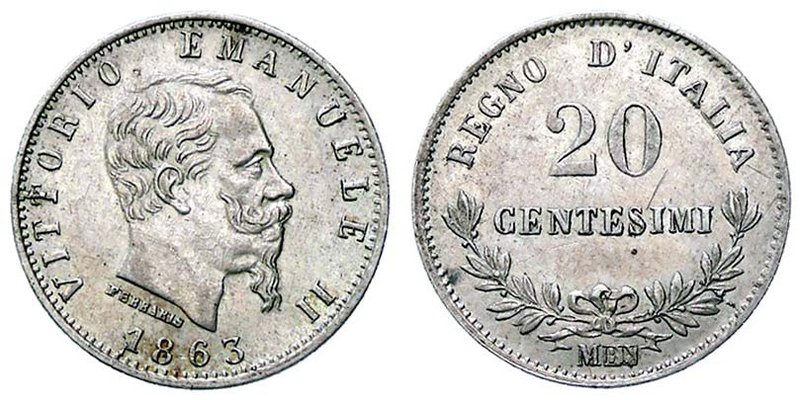 SAVOIA - Vittorio Emanuele II Re d'Italia (1861-1878) - 20 Centesimi 1863 M Valo...