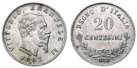 SAVOIA - Vittorio Emanuele II Re d'Italia (1861-1878) - 20 Centesimi 1863 M Valore Pag. 535; Mont. 226 AG Segno al R/
SPL-FDC