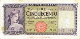 CARTAMONETA - BANCA d'ITALIA - Repubblica Italiana (monetazione in lire) (1946-2001) - 500 Lire - Italia 20/03/1947 Alfa 544sp; Lireuro 39Aa R Sostitu...