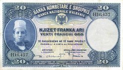CARTAMONETA - COLONIE ED OCCUPAZIONI DI TERRITORI ITALIANI - Banca Nazionale d'Albania - Protettorato (1926) - 20 Franchi Oro 1926 Gav. 98 Alberti/Gam...
