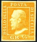 AREA ITALIANA - SICILIA - Antichi Stati - Posta Ordinaria 1859 - Mezzo grana - arancio (1a) Traccia di linguella impercettibile e ben centrato - Cat. ...