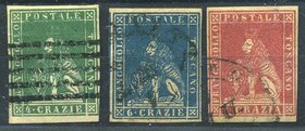 AREA ITALIANA - TOSCANA - Antichi Stati - Posta Ordinaria 1857 - Leone mediceo - carta bianca (12, 14/15) Valori sciolti - il 12 firmato Chiavarello -...