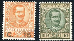 AREA ITALIANA - ITALIA REGNO - Posta Ordinaria 1905 Cent. 15 su 20, assieme a 10 Lire (79 e 91) Cat. 200 €
LL