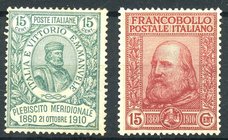 AREA ITALIANA - ITALIA REGNO - Posta Ordinaria 1910 Giuseppe Garibaldi 15 e 5 Cent. (88/90) Cat. 400 €
LL
