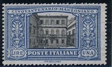 AREA ITALIANA - ITALIA REGNO - Posta Ordinaria 1923 Manzoni - Casa di Manzoni (155f) Doppia dentellatura sui lati orizzontali - Cat. 1000 € - Cert. Ra...