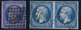 FILATELIA - EUROPA - FRANCIA - Posta Ordinaria 1853 - Napoleone III - 20 Cent. Azzurro su rosa Yvert 14 A g; Un. 14 g Assieme a coppia del 14, ben mar...
