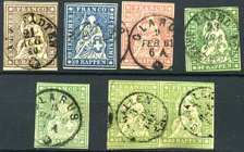 FILATELIA - EUROPA - SVIZZERA - Posta Ordinaria 1854 Helvetia seduta (carta spessa) (26/28+30b e 30d (2)) Cat. 700 €
US