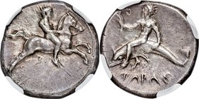 CALABRIA. Tarentum. Ca. 380-340 BC. AR nomos (21mm, 7.88 gm, 2h). NGC Choice XF 5/5 - 3/5, Fine Style. Nude youth on horse galloping right, holding re...