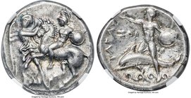 CALABRIA. Tarentum. Ca. early 3rd century BC. AR stater or didrachm (20mm, 7.83 gm, 3h). NGC Choice XF 4/5 - 5/5. Nike leaning left, holding reigns an...