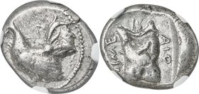 SICILY. Himera. Ca. 475-470 BC. AR drachm (17mm, 5.47 gm, 9h). NGC Choice VF 4/5 - 4/5. Ca. 476/5 BC. Rooster standing left; dotted border / IME-P-AIO...