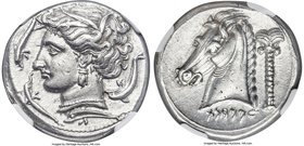 SICULO-PUNIC. Sicily. Ca. 320-300 BC. AR tetradrachm (26mm, 16.95 gm, 1h). NGC AU 5/5 - 3/5, brushed. Head of Tanit-Persephone left, wearing pearl nec...