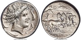 SICULO-PUNIC. Sicily. Ca. 330-305 BC. AR tetradrachm (25mm, 17.1 gm, 12h). ANACS EF 40. Head of Tanit-Kore-Persephone right, hair wreathed with grain ...