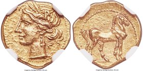 ZEUGITANA. Carthage. Ca. 221-201 BC. AV quarter-shekel (13mm, 1.90 gm, 12h). NGC AU S 5/5 - 5/5. Wreathed head of Tanit left / Horse standing right. J...