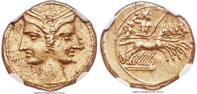 ZEUGITANA. Carthage. Ca. 216-211 BC. EL 3/8 shekel (15mm, 2.97 gm, 1h). NGC AU 5/5 - 4/5. Janiform female bust / Zeus and Nike in quadriga galloping r...