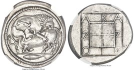 MACEDON. Acanthus. Ca. 470-430 BC. AR tetradrachm (28mm, 17.36 gm, 2h). NGC Choice AU S 5/5 - 4/5, Fine Style. Lion springing right, biting into hind ...