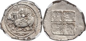 MACEDON. Acanthus. Ca. 470-430 BC. AR tetradrachm (30mm, 17.48 gm). NGC AU 5/5 - 4/5. Lion springing right, attacking bull kneeling to left with raise...