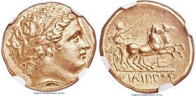 MACEDONIAN KINGDOM. Philip II (359-336 BC). AV stater (18mm, 8.59 gm, 5h). NGC AU 5/5 - 4/5, lt. graffito. Late lifetime-early posthumous issue of Pel...