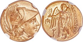 MACEDONIAN KINGDOM. Alexander III the Great (336-323 BC). AV stater (18mm, 8.59 gm, 1h). NGC MS 5/5 - 4/5. Posthumous issue of Abydus, ca. 310-301 BC....