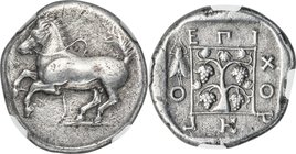 THRACE. Maroneia. Ca. 386-374 BC. AR stater (23mm, 10.66 gm, 10h). NGC Choice VF 5/5 - 3/5, edge marks. Chorego, magistrate. Bridled horse prancing le...