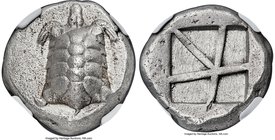 SARONIC ISLANDS. Aegina. Ca. 457-350 BC. AR stater (19mm, 12.30 gm). NGC Choice AU 4/5 - 3/5. Land tortoise with segmented shell, seen from above / Fi...