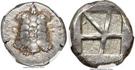 SARONIC ISLANDS. Aegina. Ca. 457-350 BC. AR stater (21mm, 12.28 gm). NGC AU 5/5 - 4/5, bankers marks. Land tortoise with segmented shell, seen from ab...