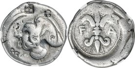 ELIS. Olympia. 78th-82nd Olympiad. Ca. 468-452 BC. AR stater (25mm, 11.63mm, 11h). NGC Fine 4/5 - 3/5, countermarks. Eagle flying left, wings spread a...