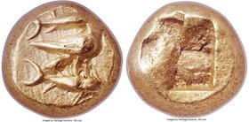 MYSIA. Cyzicus. Ca. 600-550 BC. EL 1/12 stater or hemihecte (8mm, 1.35 gm). NGC Choice XF 3/5 - 5/5. Eagle standing right on tunny right; tunny right ...