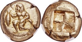 MYSIA. Cyzicus. Ca. 500-450 BC. EL stater (18mm, 16.06 gm). NGC XF 5/5 - 4/5. Nude satyr in kneeling-running stance left, with pointed ears and thick ...