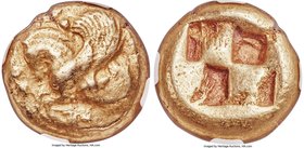 MYSIA. Lampsacus. Ca. 500-450 BC. EL stater (20mm, 15.12 gm). NGC Choice Fine 5/5 - 4/5. Forepart of Pegasus left, bridled, with birdlike tail at trun...