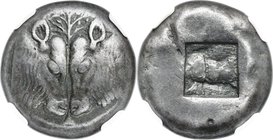 LESBOS. Uncertain mint. Ca. 550-450 BC. BI stater (20mm, 11.02 gm). NGC Choice VF S 5/5 - 4/5. Two cow heads confronted, forming the optical illusion ...