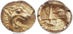 IONIA. Uncertain mint. Ca. 600-550 BC. EL 1/12 stater or hemihecte (9mm, 1.31 gm). NGC MS S 5/5 - 5/5. Head of roaring lion right / Incuse quadriparti...