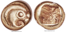 IONIA. Phocaea. Ca. 625-600 BC. EL 1/12 stater or hemihecte (8mm, 1.17 gm). NGC XF 4/5 - 4/5. Stylized head of seal right, mouth open / Incuse square ...