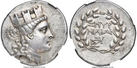 IONIA. Smyrna. Ca. mid-2nd century BC. AR tetradrachm (32mm, 16.68 gm, 11h). NGC XF S 5/5 - 4/5. Head of Tyche right, wearing turreted crown, hair in ...