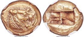 LYDIAN KINGDOM. Alyattes or Walwet (ca. 610-546 BC). EL third-stater or trite (14mm, 4.71 gm). NGC Choice AU 4/5 - 4/5, countermarks. Uninscribed, Lyd...