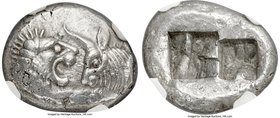 LYDIAN KINGDOM. Croesus or later (ca. after 561 BC). AR half-stater or siglos (17mm, 5.37 gm). NGC Choice AU 5/5 - 4/5. Sardes. Confronted foreparts o...