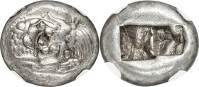 LYDIAN KINGDOM. Croesus or later (ca. after 561 BC). AR half-stater or siglos (16mm, 5.37 gm). NGC XF 5/5 - 5/5. Sardes mint. Confronted foreparts of ...